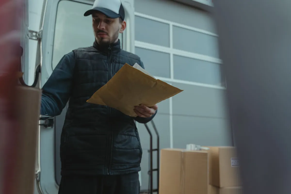 Ein Helfer stellt Kartons an der Ladekante eines Transporters ab